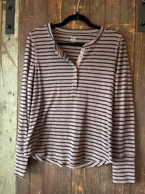 GAP Long Sleeve Striped Henley Top - Light Mauve and Black